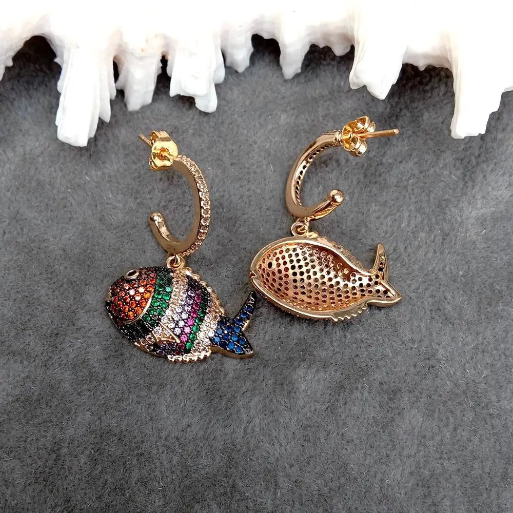 Rainbow Cubic Zirconia Pave Fish Shape Earrings For Women Drop Earrings Elegant Party Wedding Jewelry Gift