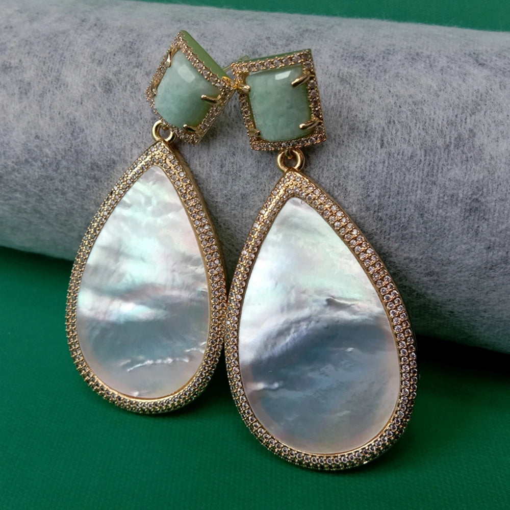 Big White Sea Shell Cz Pave Teardrop Shape Dangle Amazonite Stud Earrings