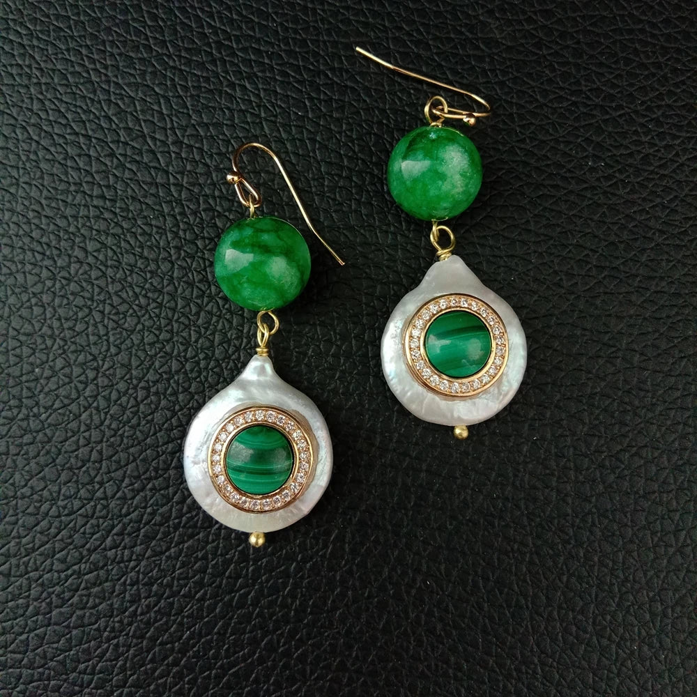 Cultured White CoinPearl Green Jade CZ Pave Malachite Hook Earrings
