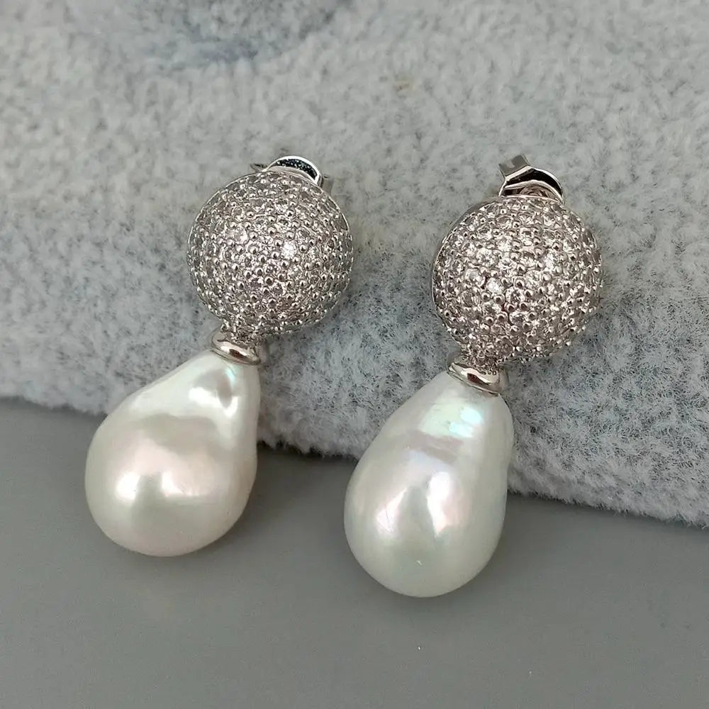 Cultured Freshwater White Baroque Keshi Pearl coin charm Stud Earrings