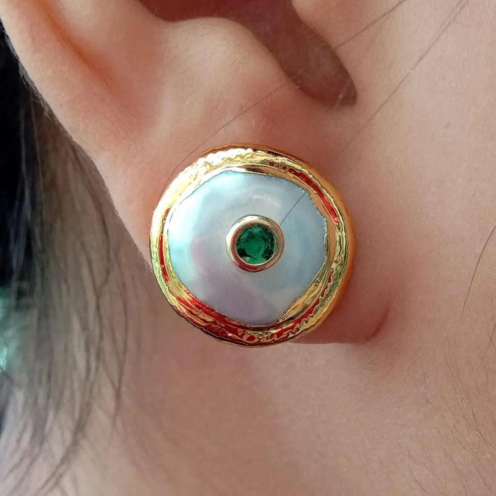 16mm Freshwater White Coin Pearl 24 K Gold Plated Stud Green Cz Earrings