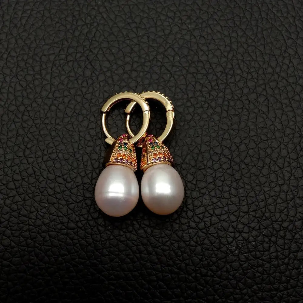 Cultured White Pearl Teardrop Shape Cz Pave Gold Plated Cap Drop Hoop Earrings