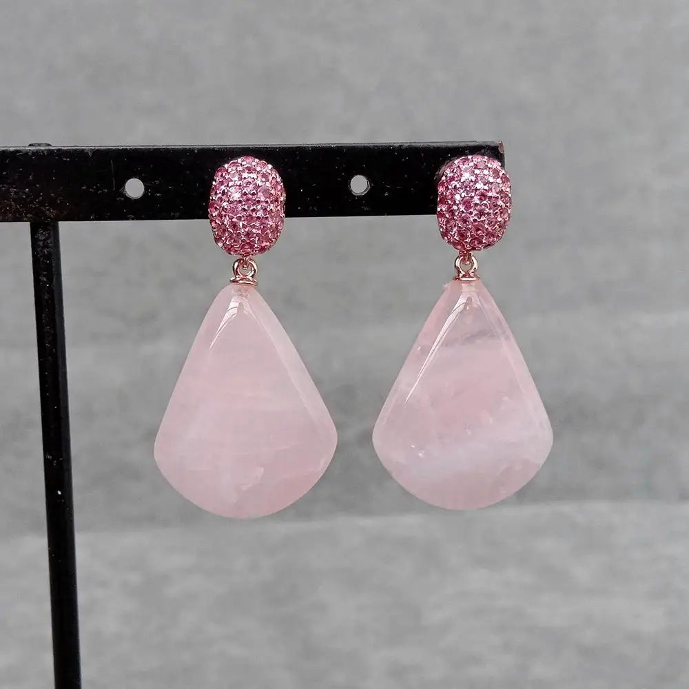 Natural Rose Quartz Drop Stud Earrings Fuchsia Cz Pave Gemstone Stud Earrings