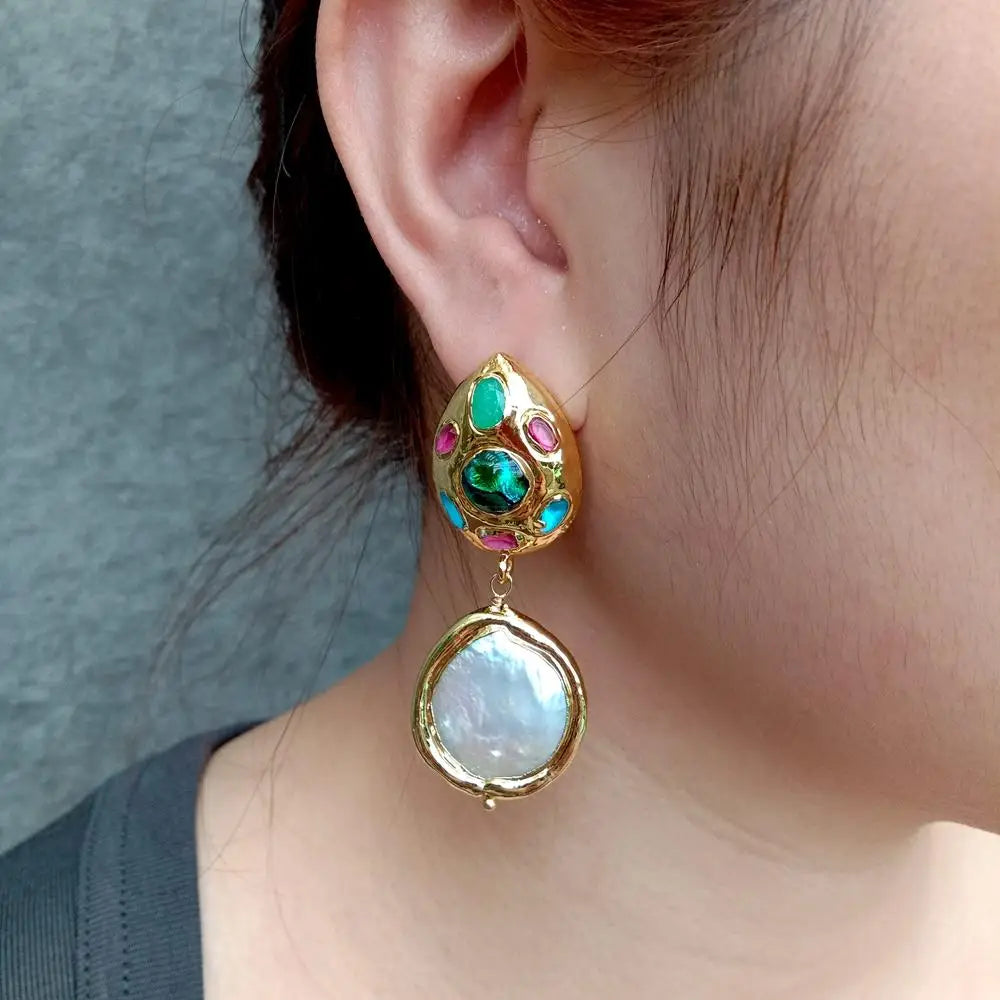 Cultured Pearl Murano Glass Drop Stud Earrings Gold Plated Dangle Earring Women Jewelry