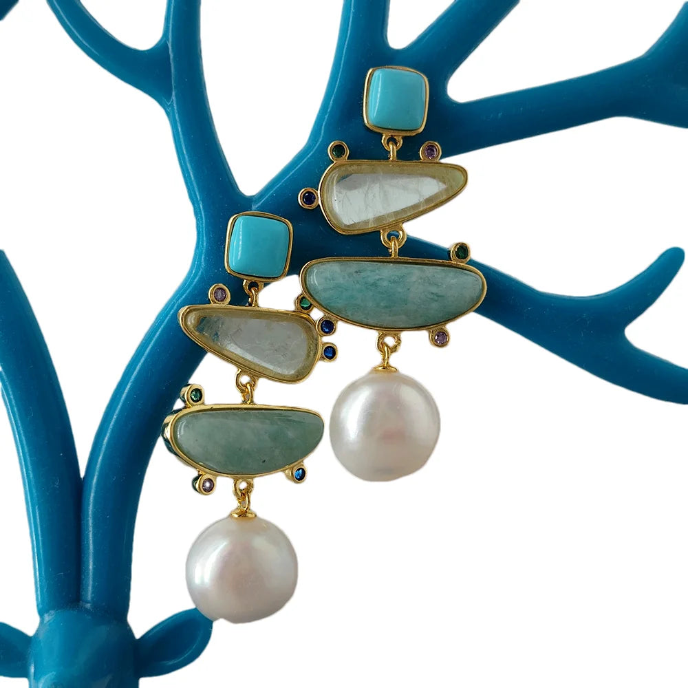 Cultured White Pearl Blue Turquoise Green prehnite Dangle Stud Earrings