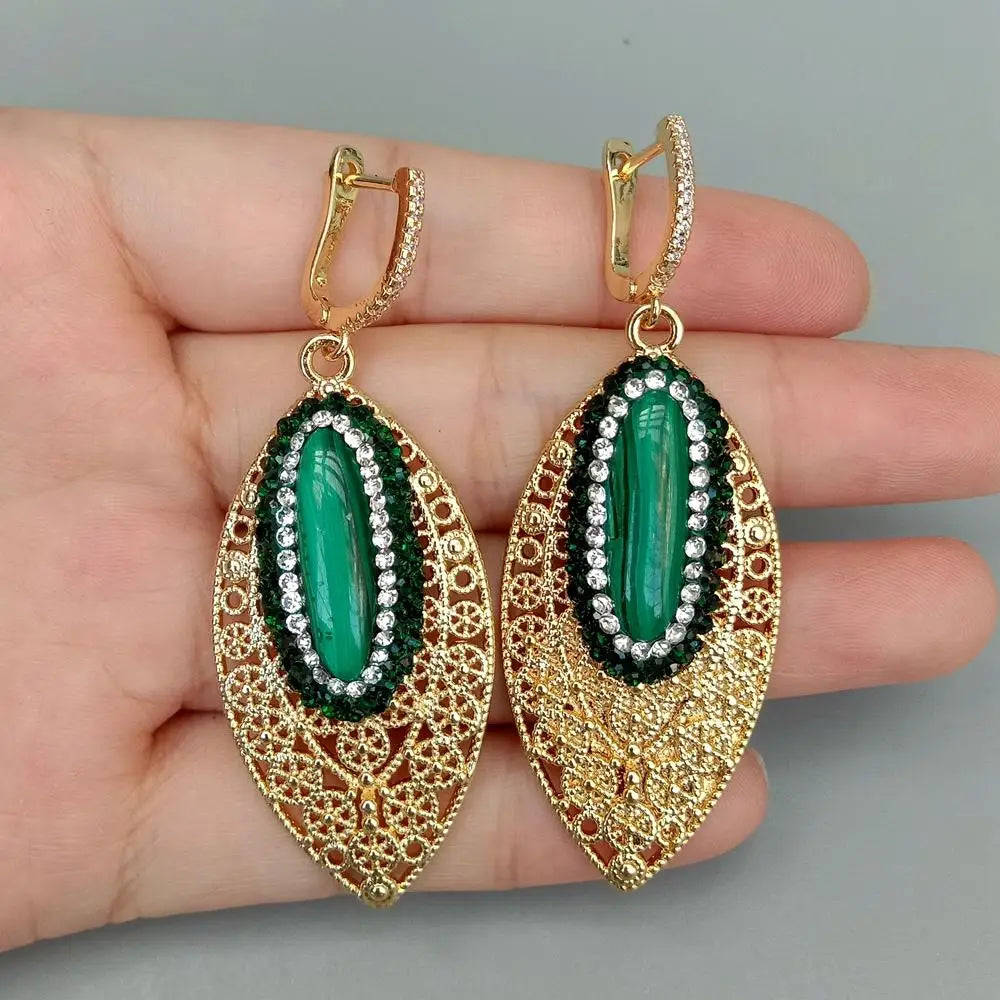 Natural Green Malachite Crystal Pave Dangle Drop Earrings For Women
