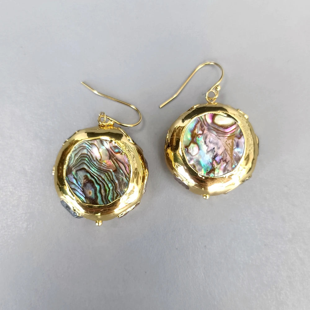 Natural Multi Color Abalone Shell Tourmaline Rough Dangle Earrings Gold Plated Silver Hook
