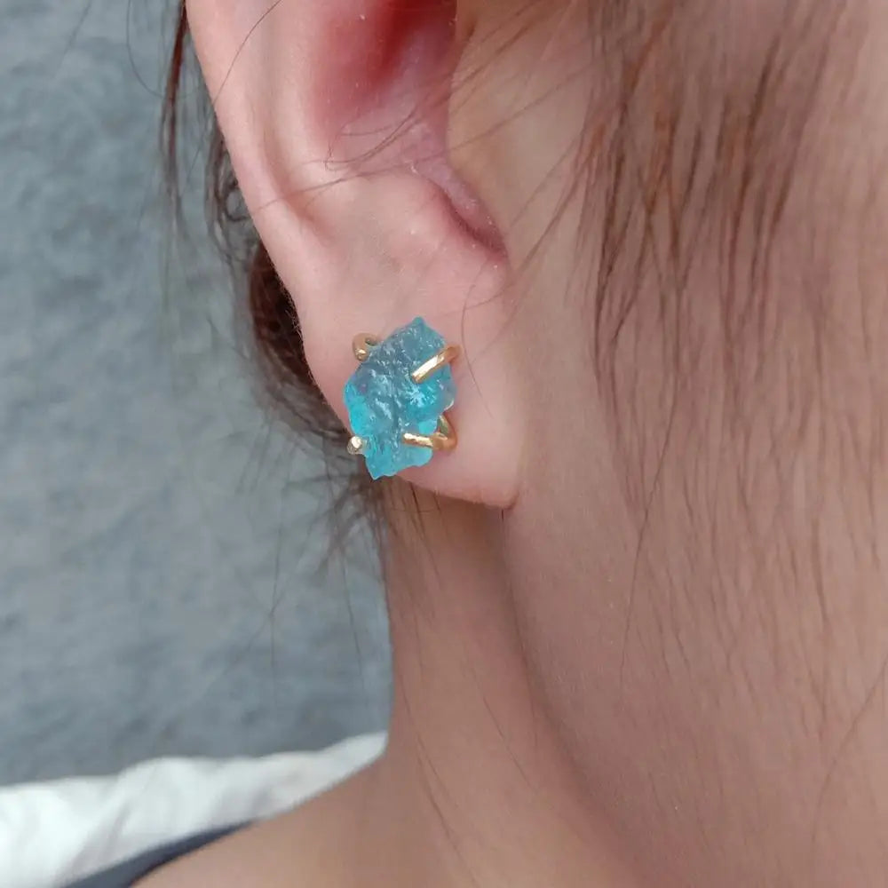 Blue Aquamarine Rough Stud Earrings