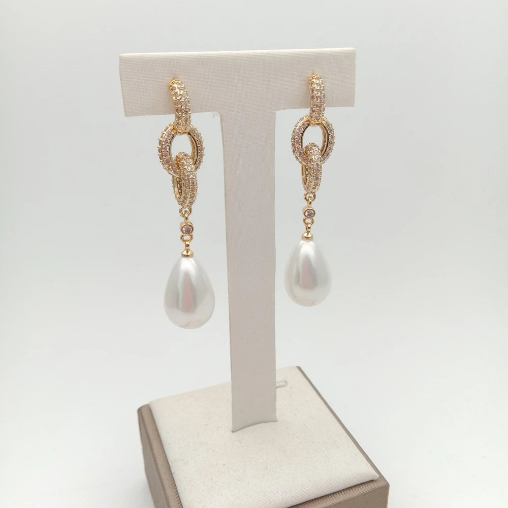 Teardrop White Sea Shell Pearl Cz Pave Post Dangle Earrings