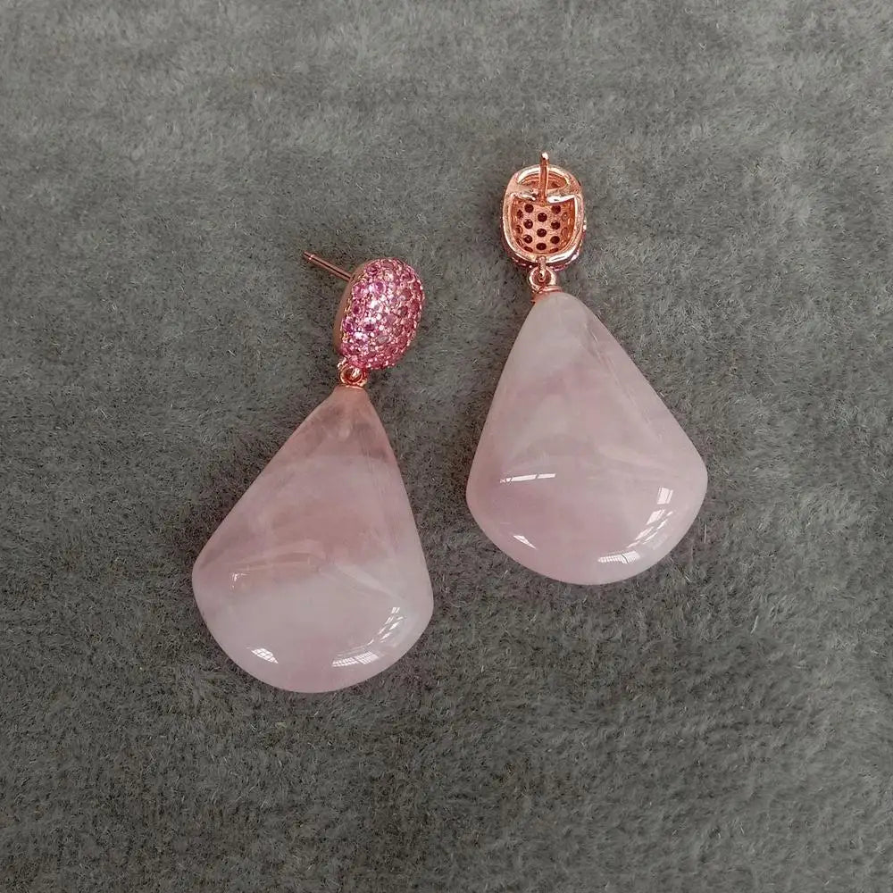 Natural Rose Quartz Drop Stud Earrings Fuchsia Cz Pave Gemstone Stud Earrings