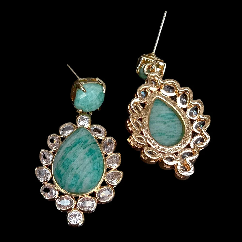 Teardrop Amazonite Dangle Stud Earrings Cz Pave Lady Jewelry Fashion Women Earrings