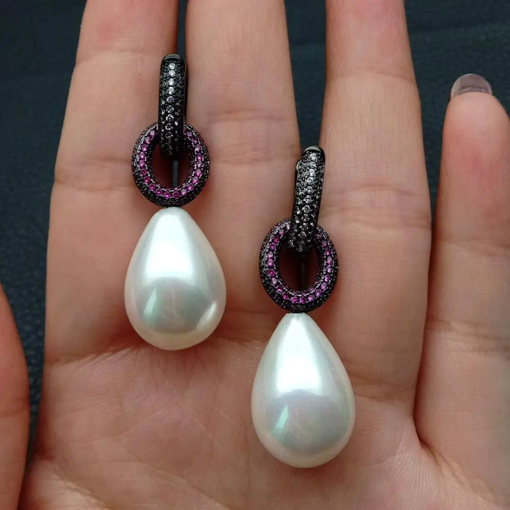 Teardrop White Sea Shell Pearl Red Cz Pave Ring Stud Earrings