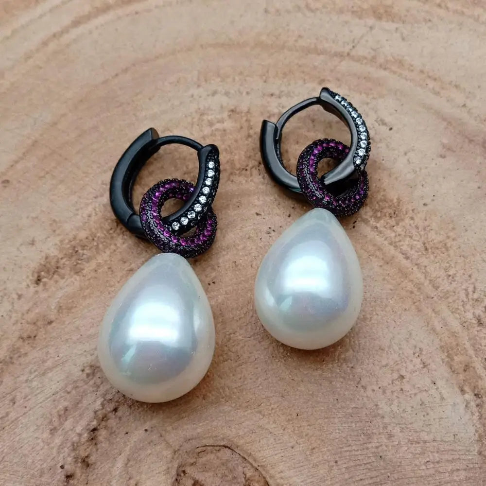 Teardrop White Sea Shell Pearl Red Cz Pave Ring Stud Earrings