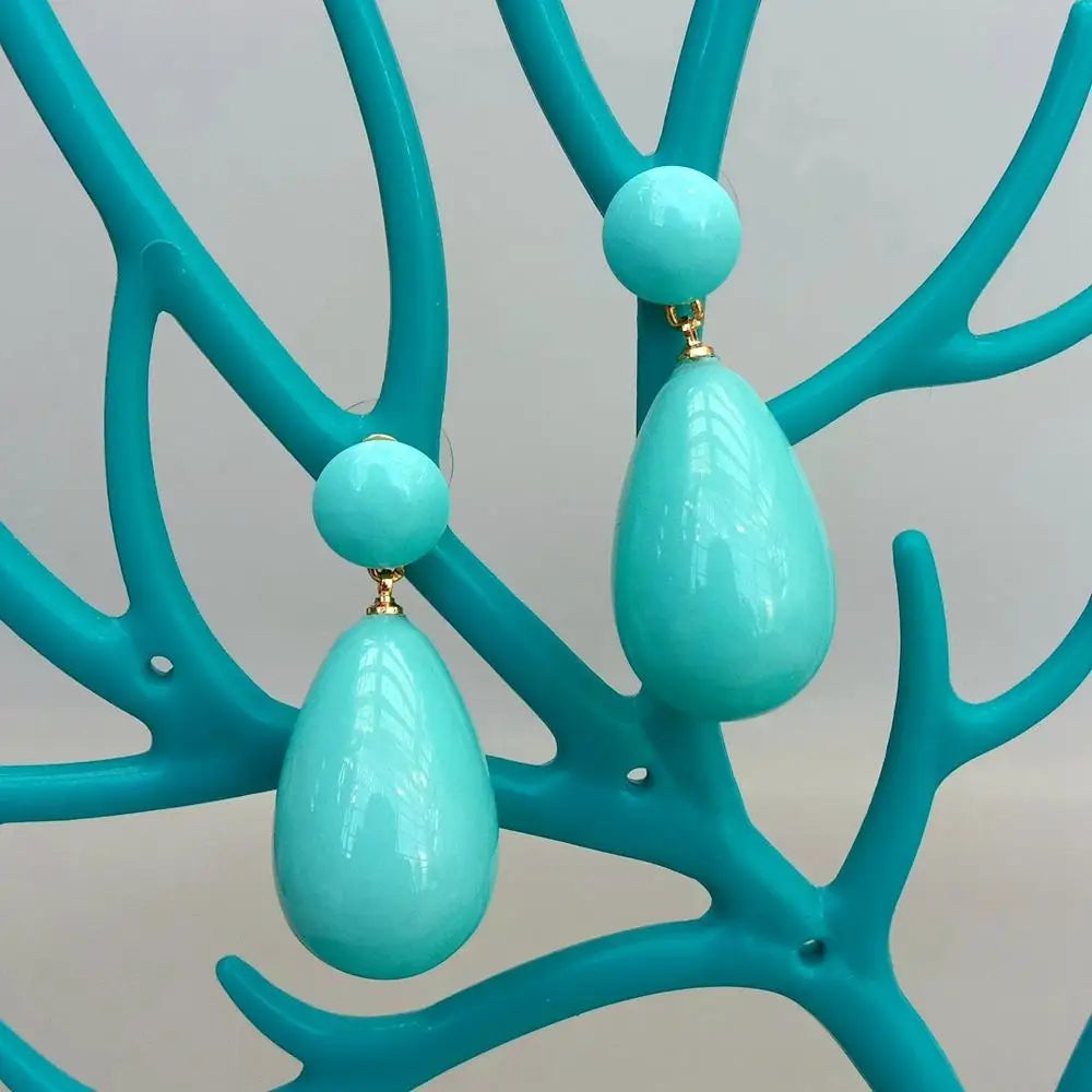 Turquoise Color Mother Of Pearl Long Drop Stud Earrings Gold Plated Jewelry For Women