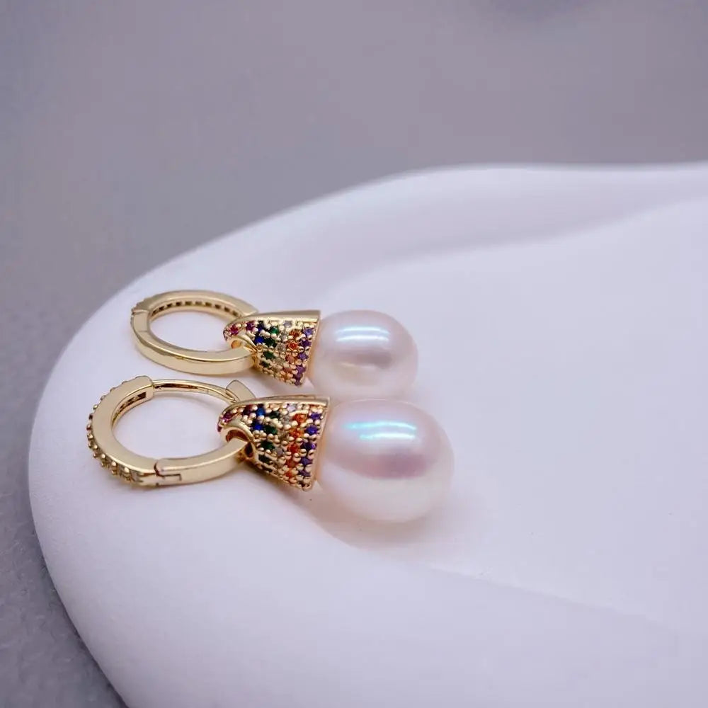 Cultured White Pearl Teardrop Shape Cz Pave Gold Plated Cap Drop Hoop Earrings