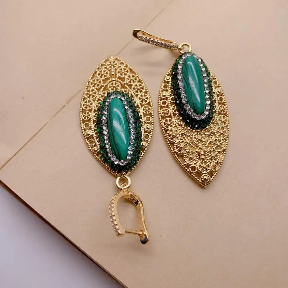 Natural Green Malachite Crystal Pave Dangle Drop Earrings For Women