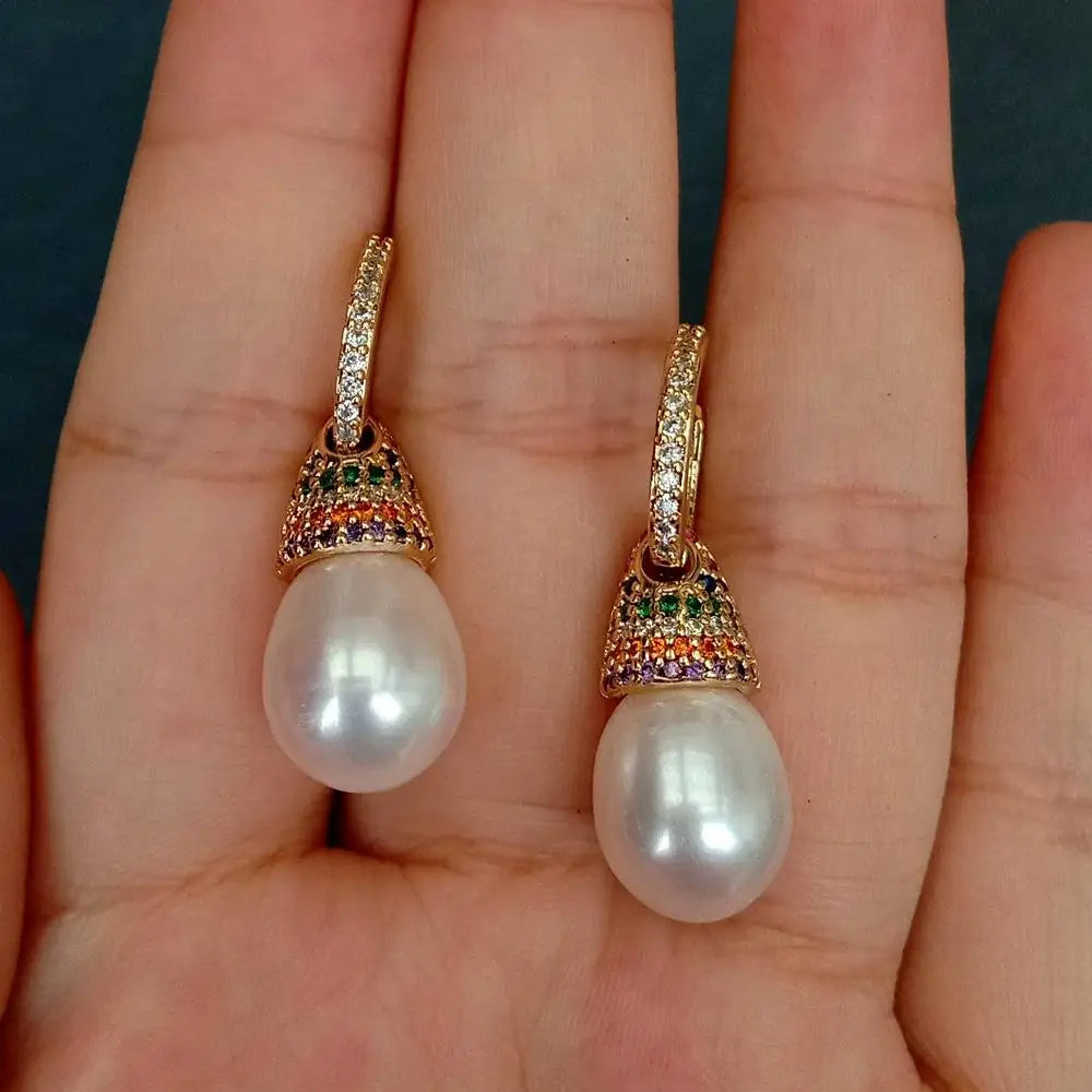 Cultured White Pearl Teardrop Shape Cz Pave Gold Plated Cap Drop Hoop Earrings