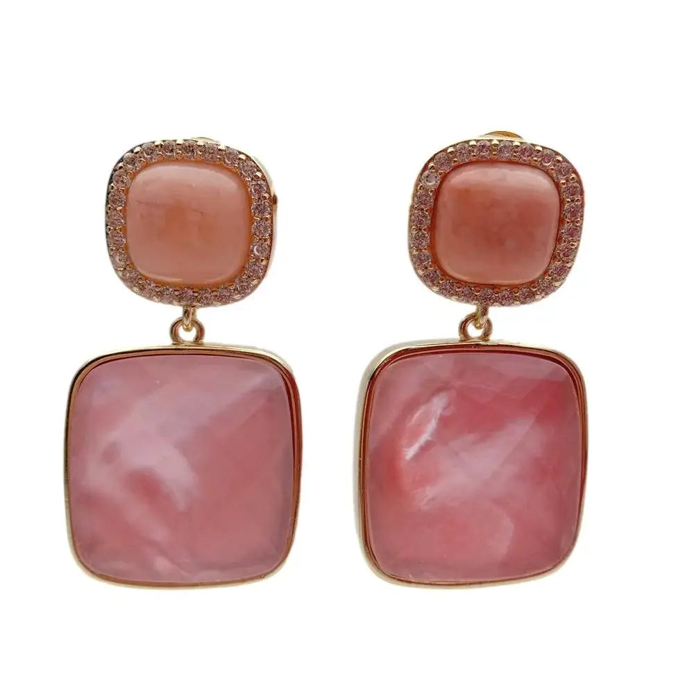 Natural Square Faceted Pink Shell Aventurine Stud Earrings Drop Earrings Women Jewelry