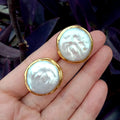 Cultured White Coin Pearl 25mm Big Stud Earrings Wedding Jewelry