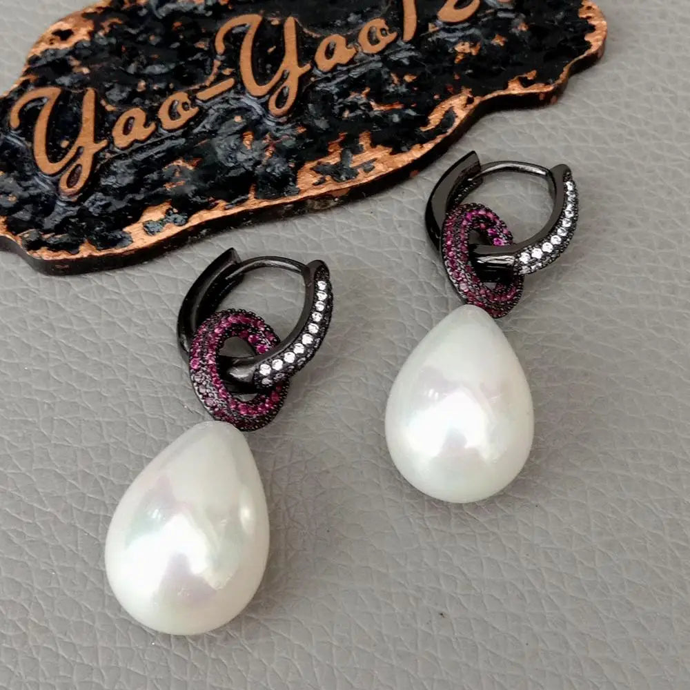 Teardrop White Sea Shell Pearl Red Cz Pave Ring Stud Earrings
