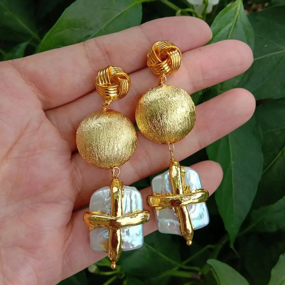 White Pearl Rectangle Shape Earrings Long Dangle Drop Stud Earrings Jewelry Gifts