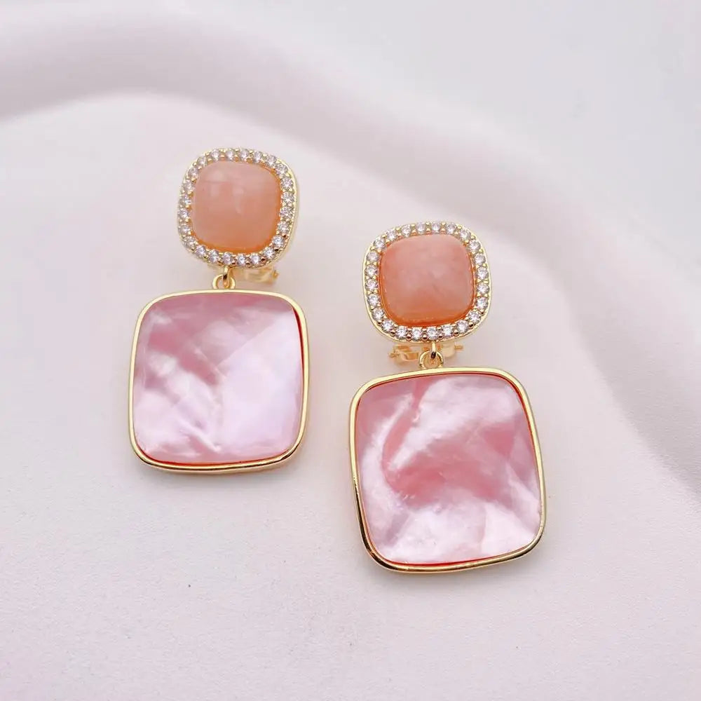 Natural Square Faceted Pink Shell Aventurine Stud Earrings Drop Earrings Women Jewelry