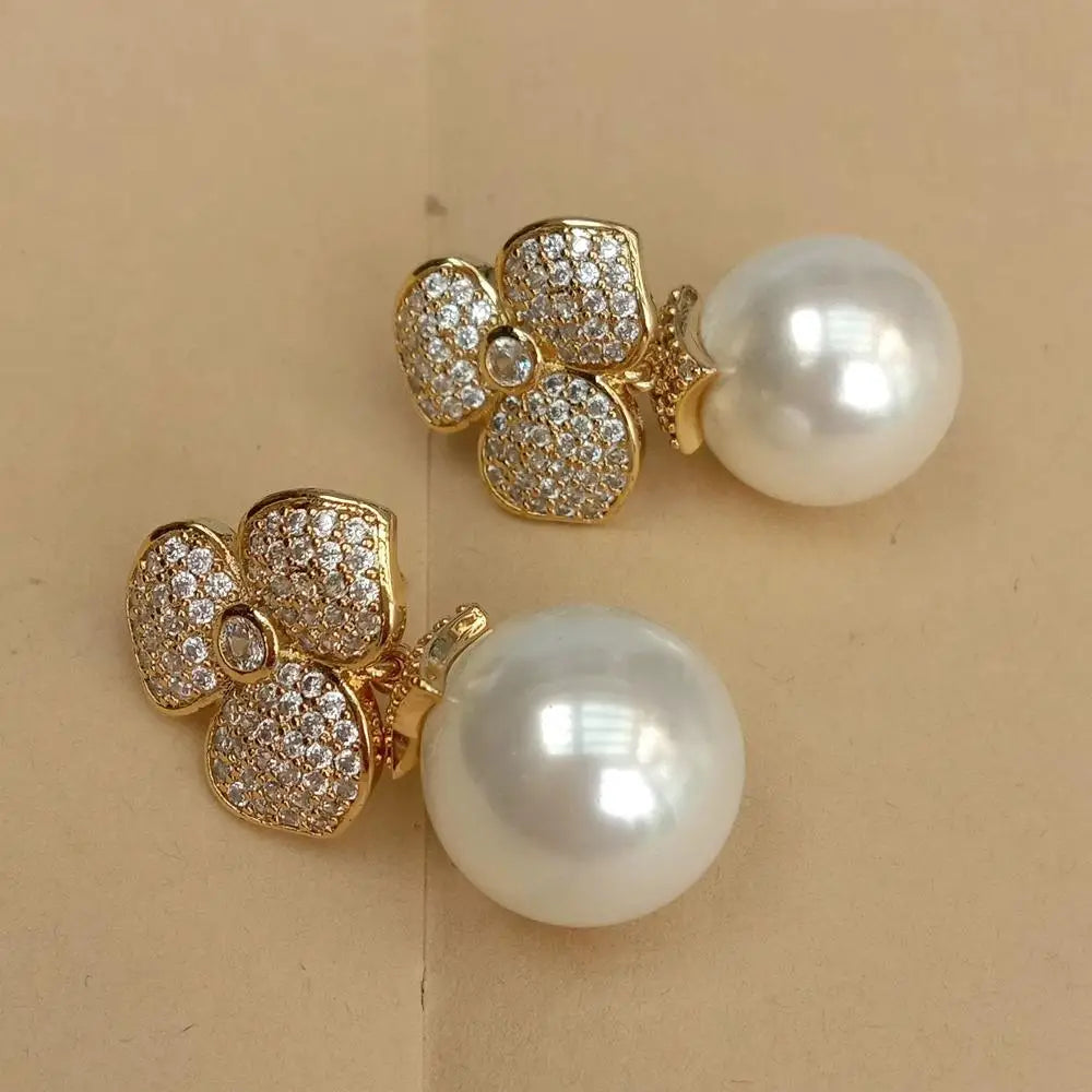 White Sea Shell Pearl Cubic Zirconia Pave Flower Stud Earrings Jewelry For Women Gift