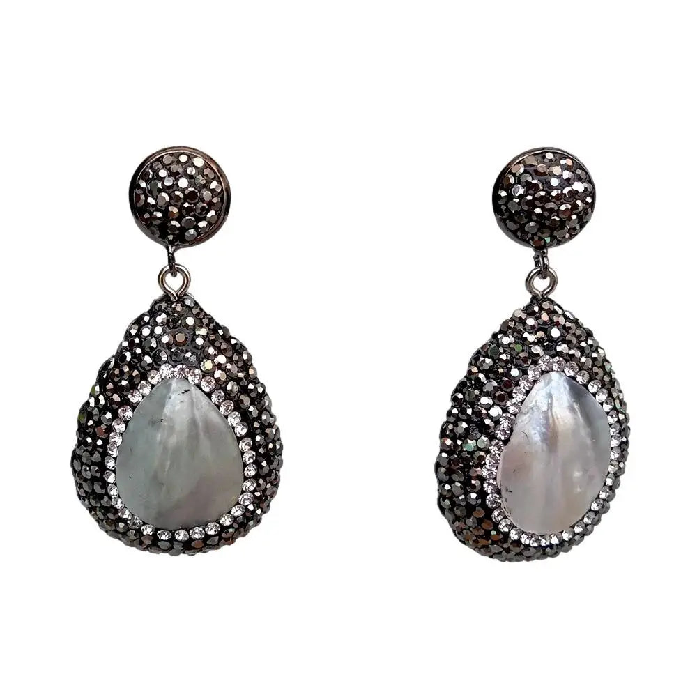 Natural White Sea Shell Teardrop Shape Drop Black Crystal Paved Earrings Women Wedding Earrings
