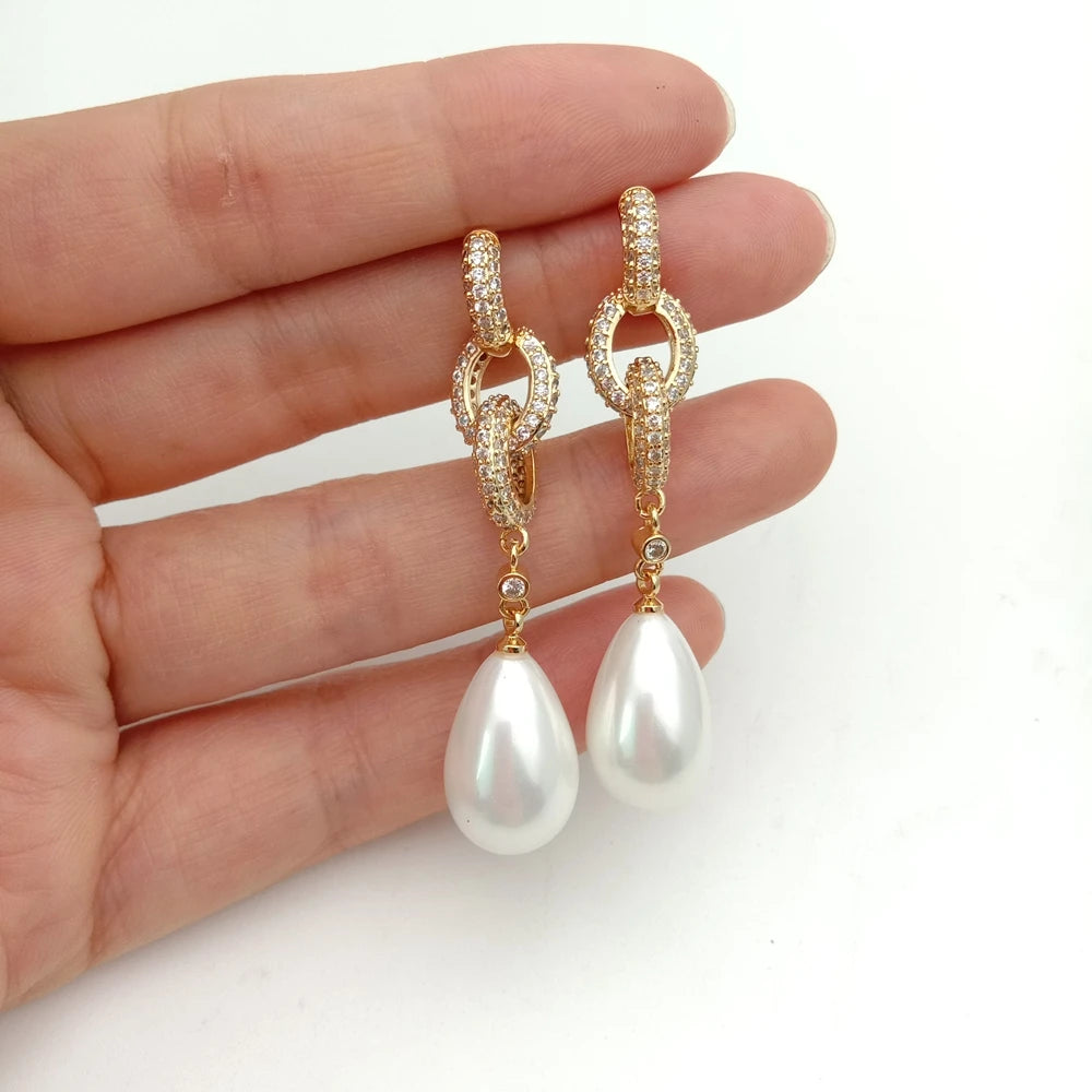 Teardrop White Sea Shell Pearl Cz Pave Post Dangle Earrings