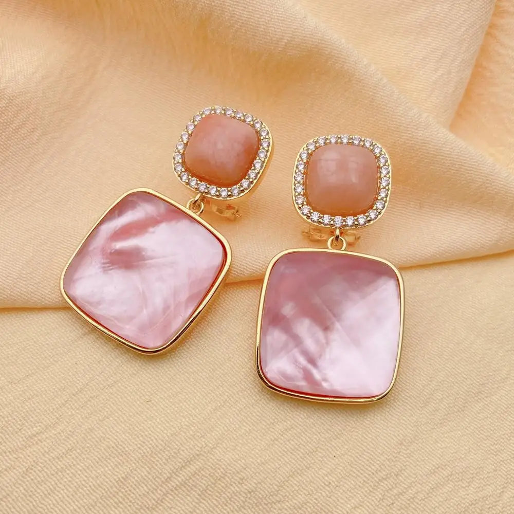 Natural Square Faceted Pink Shell Aventurine Stud Earrings Drop Earrings Women Jewelry