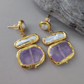 Cultured White Biwa Pearl Amethyst Chunk Stud Drop Earrings Handmade
