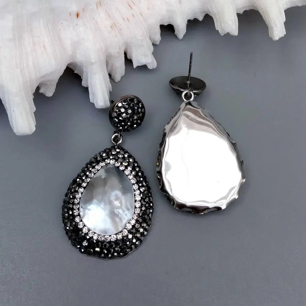 Natural White Sea Shell Teardrop Shape Drop Black Crystal Paved Earrings Women Wedding Earrings