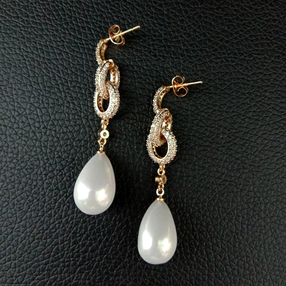Teardrop White Sea Shell Pearl Cz Pave Post Dangle Earrings