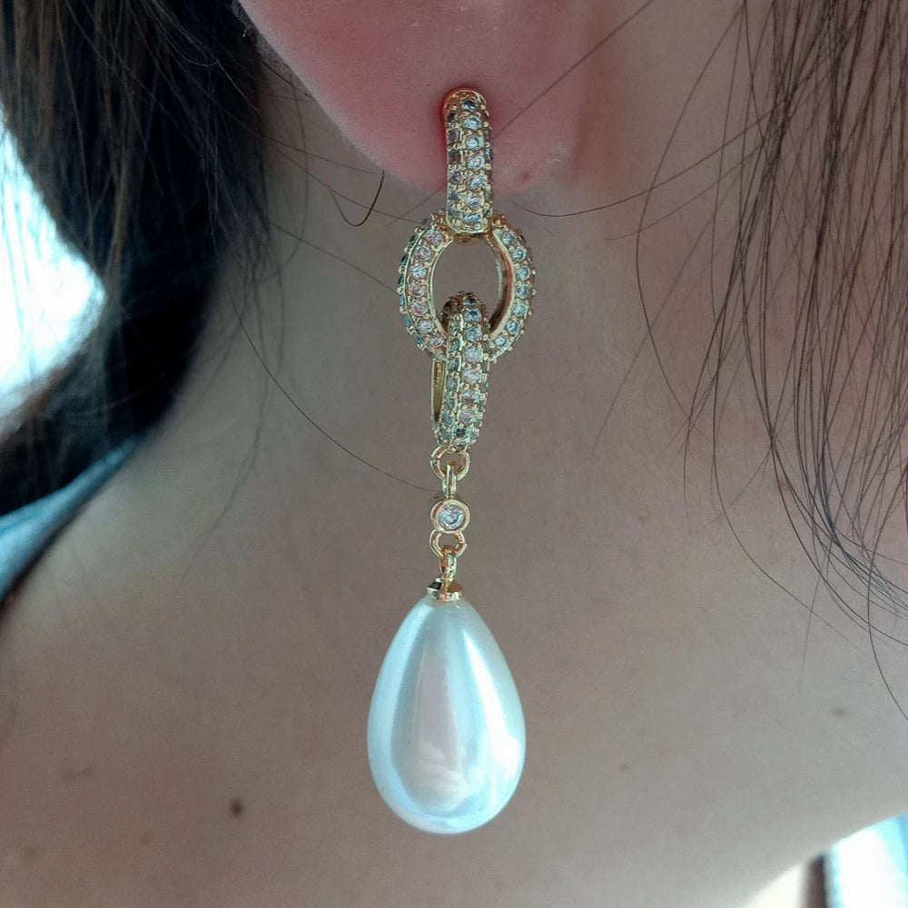 Teardrop White Sea Shell Pearl Cz Pave Post Dangle Earrings