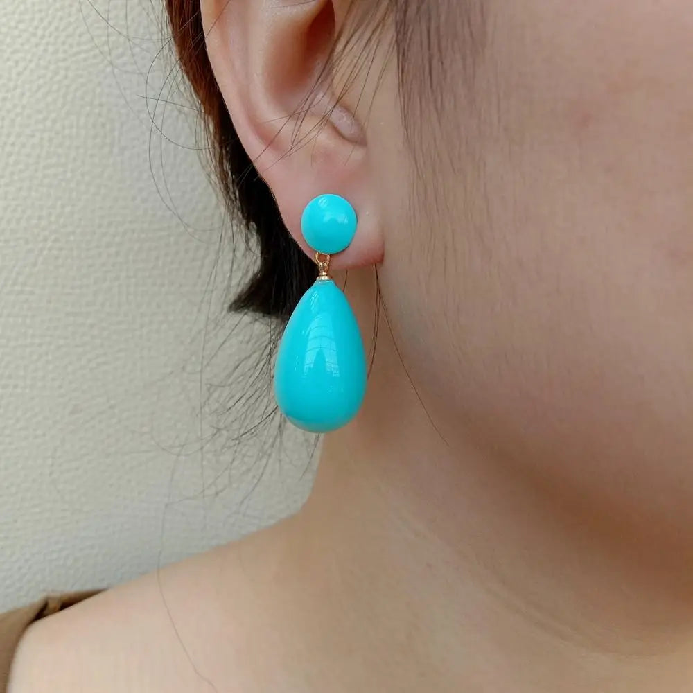 Turquoise Color Mother Of Pearl Long Drop Stud Earrings Gold Plated Jewelry For Women