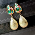 New Big Earrings Green Murano Glass Gold Plated Brushed Teardrop Dangle Stud Earrings