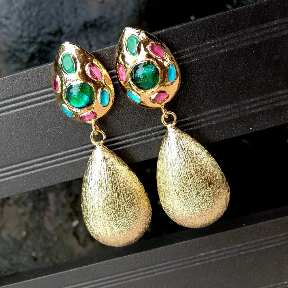 New Big Earrings Green Murano Glass Gold Plated Brushed Teardrop Dangle Stud Earrings