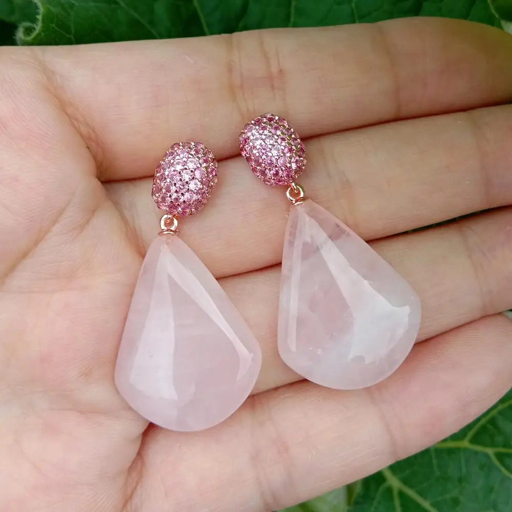 Natural Rose Quartz Drop Stud Earrings Fuchsia Cz Pave Gemstone Stud Earrings
