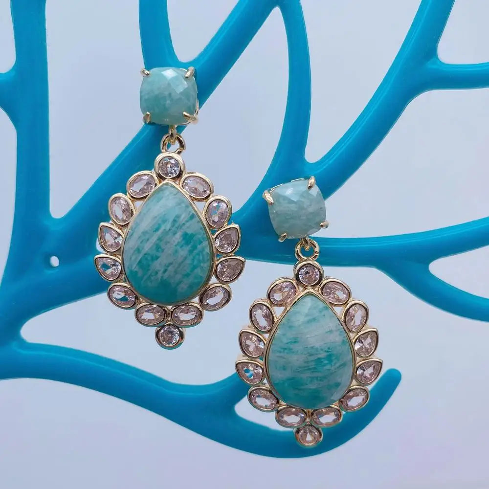 Teardrop Amazonite Dangle Stud Earrings Cz Pave Lady Jewelry Fashion Women Earrings