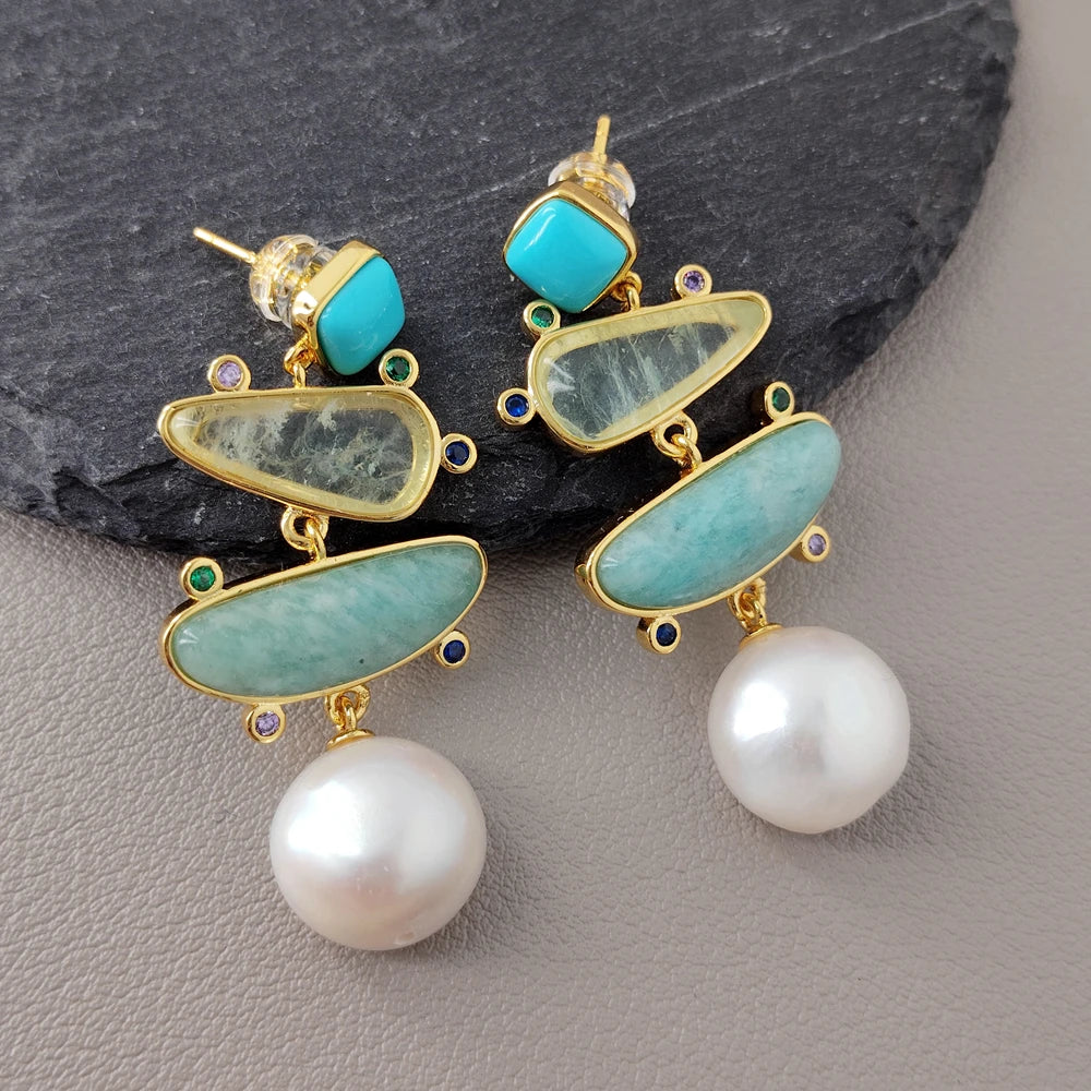 Cultured White Pearl Blue Turquoise Green prehnite Dangle Stud Earrings