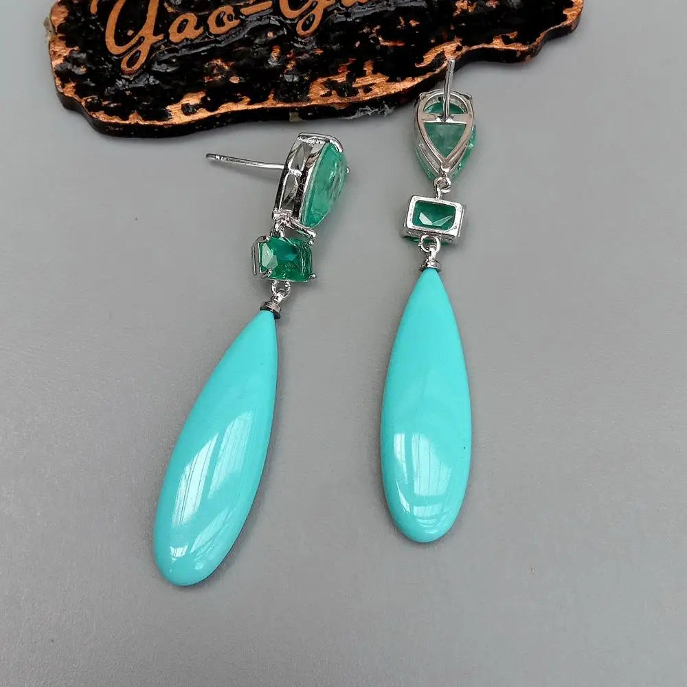 Blue Turquoise teardrop Green Crystal pave  Stud Earrings