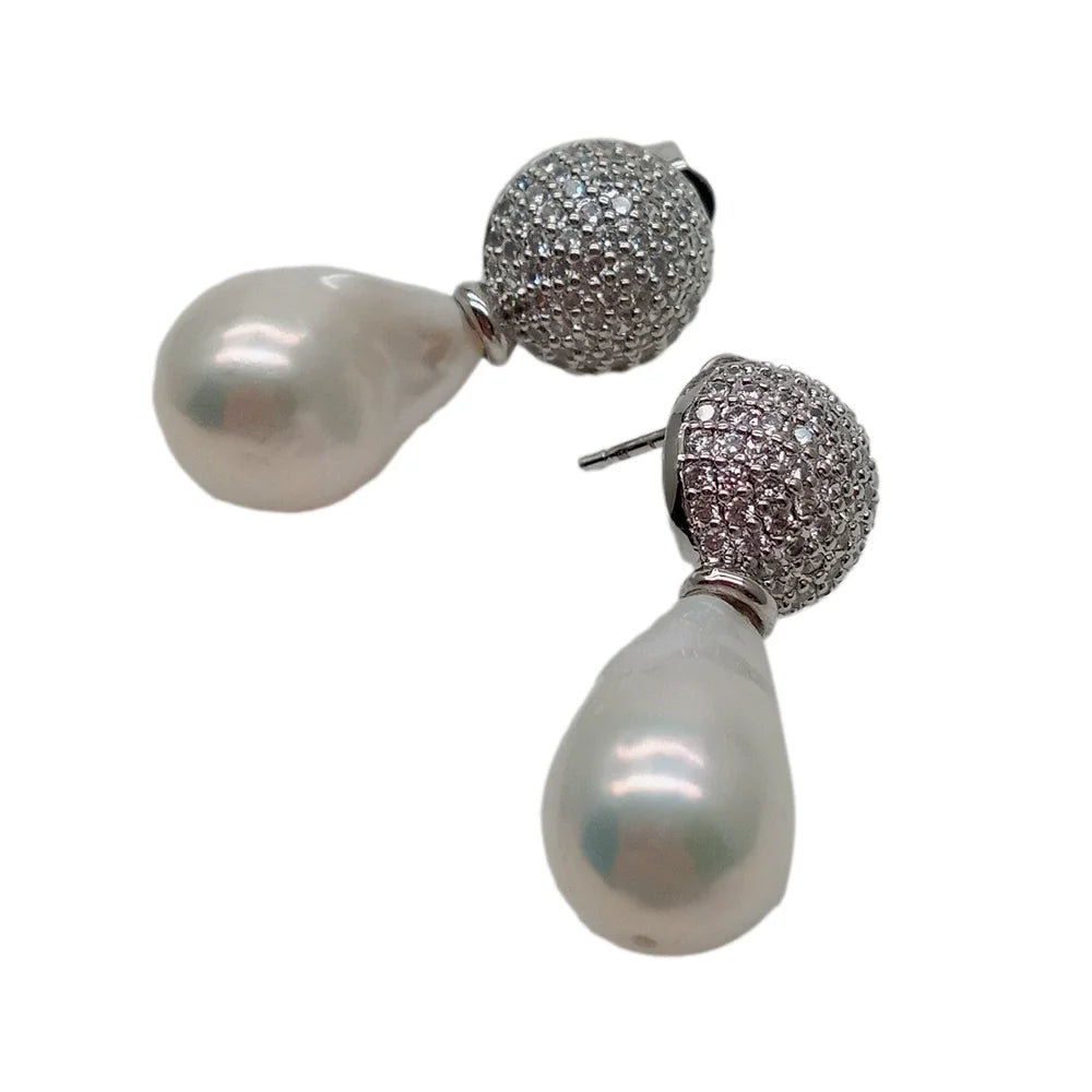 Cultured Freshwater White Baroque Keshi Pearl coin charm Stud Earrings