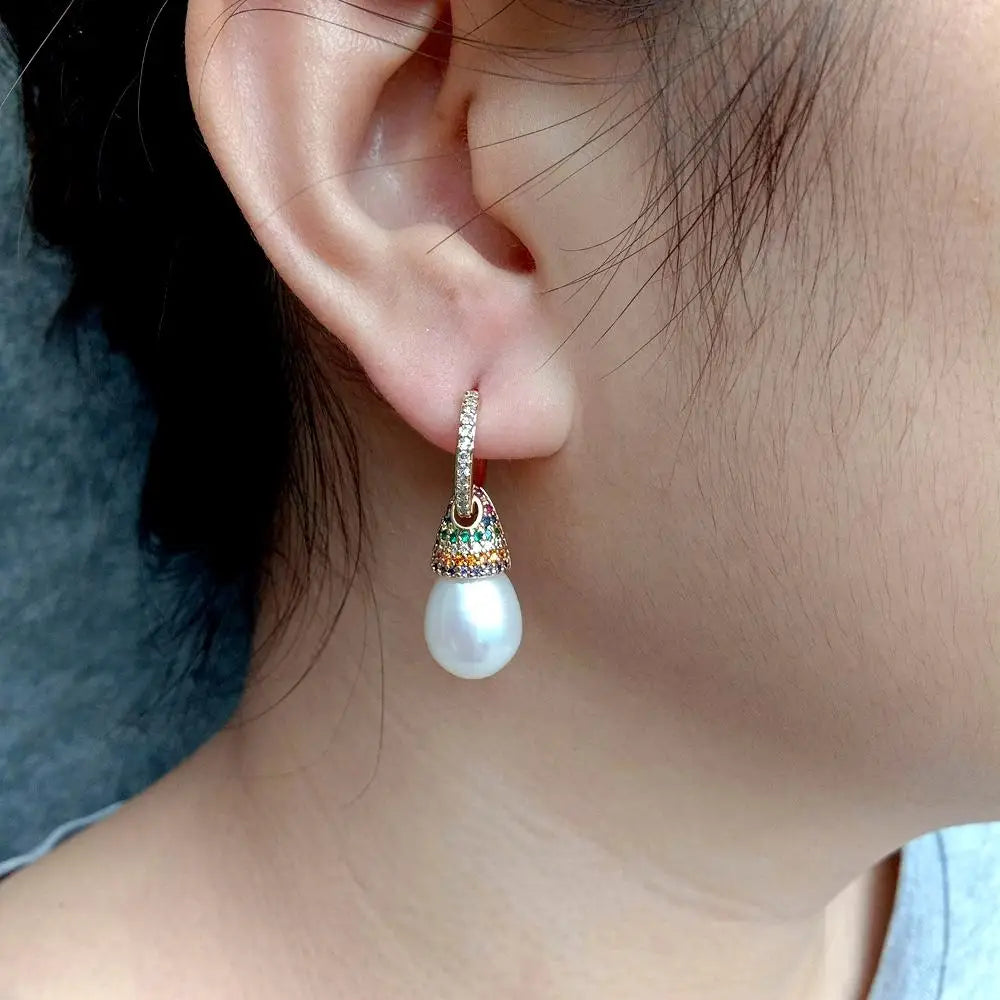 Cultured White Pearl Teardrop Shape Cz Pave Gold Plated Cap Drop Hoop Earrings