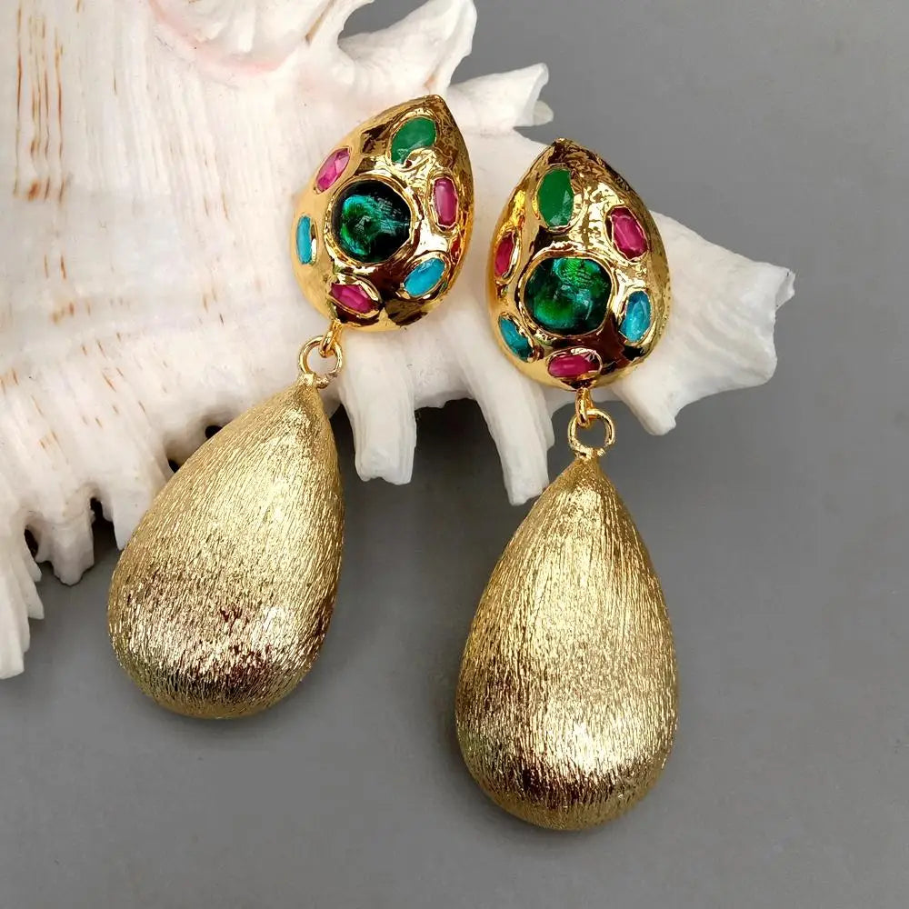 New Big Earrings Green Murano Glass Gold Plated Brushed Teardrop Dangle Stud Earrings