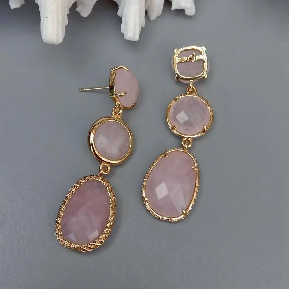 Natural multi shape Pink Rose Quartz  Dangle Stud Earrings