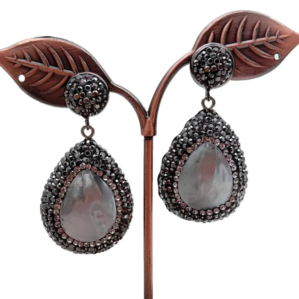 Natural White Sea Shell Teardrop Shape Drop Black Crystal Paved Earrings Women Wedding Earrings
