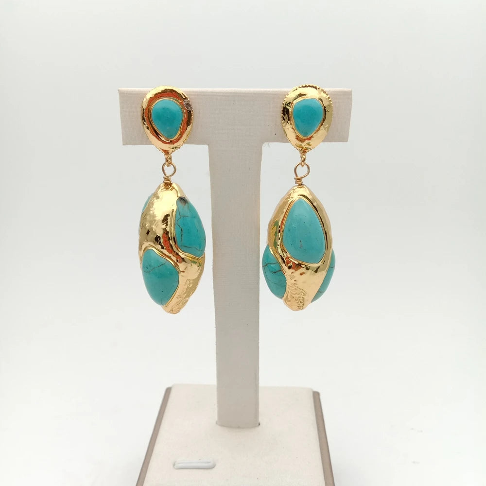 17x33MM Blue Turquoise Yellow Gold Plated stud Earrings