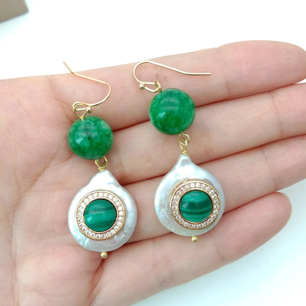 Cultured White CoinPearl Green Jade CZ Pave Malachite Hook Earrings