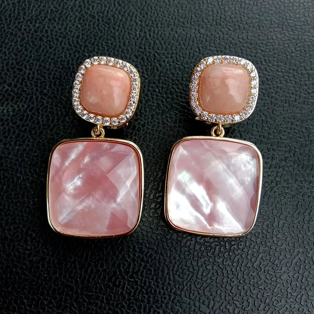 Natural Square Faceted Pink Shell Aventurine Stud Earrings Drop Earrings Women Jewelry