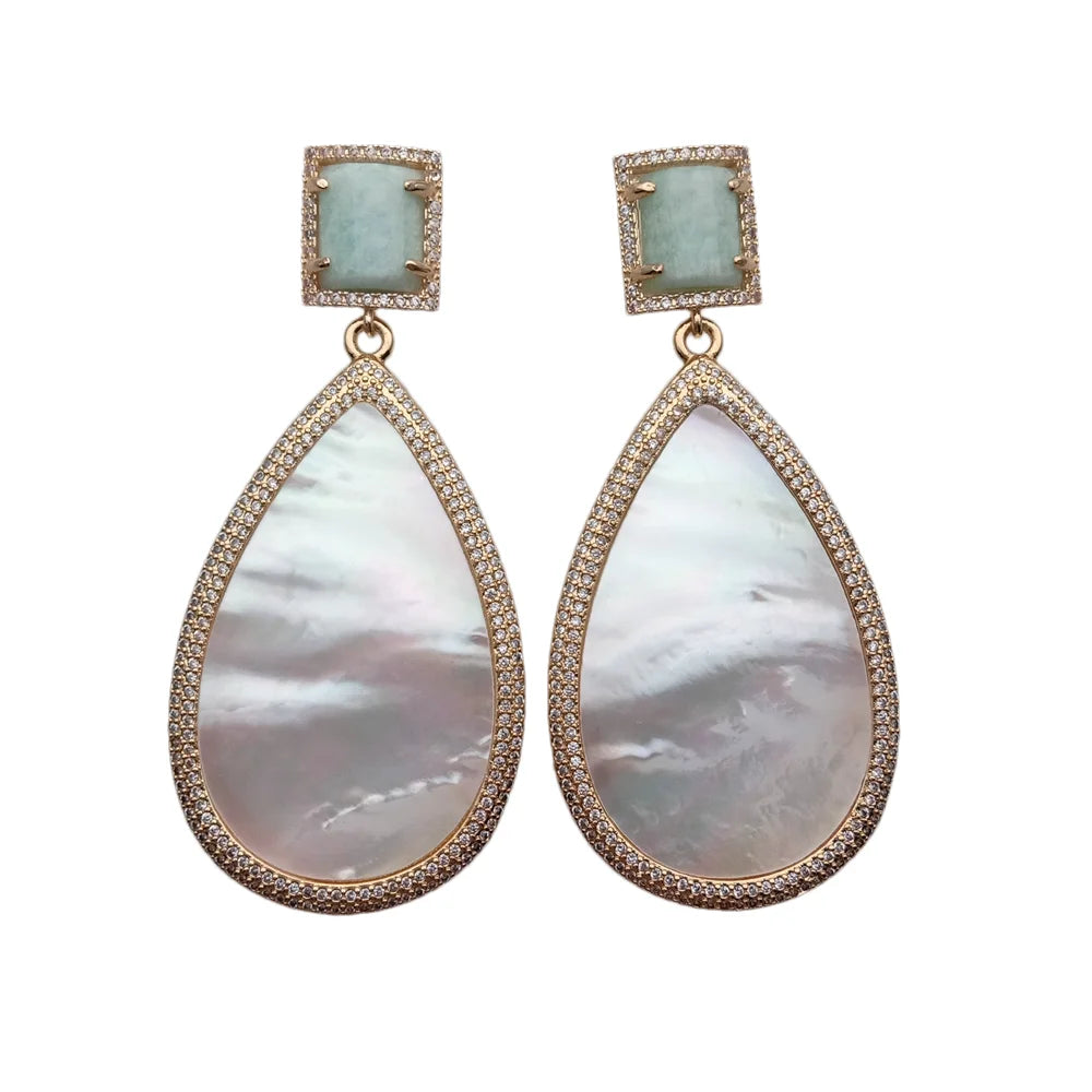 Big White Sea Shell Cz Pave Teardrop Shape Dangle Amazonite Stud Earrings